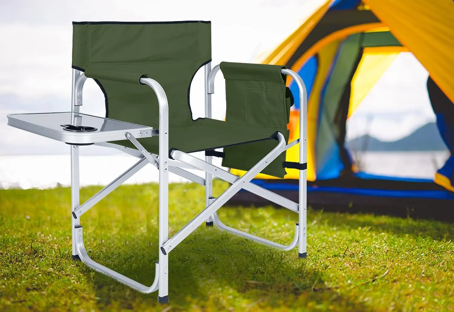 ABCCANOPY Foldable Directors Chair Outdoor Camping Chair Makeup Artist Chair with Side Table & Pockets, Olive Green