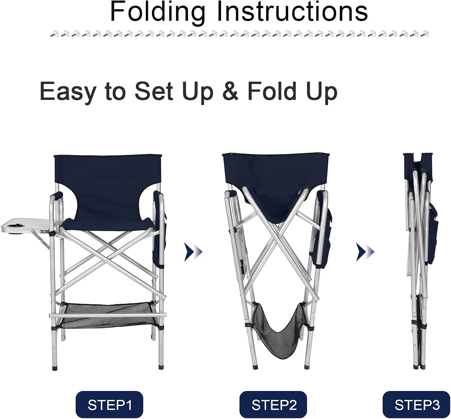 ABCCANOPY Folding Tall Directors Chair Outdoor Camping Chair Makeup Artist Chair with Side Table & Pockets, Navy Blue