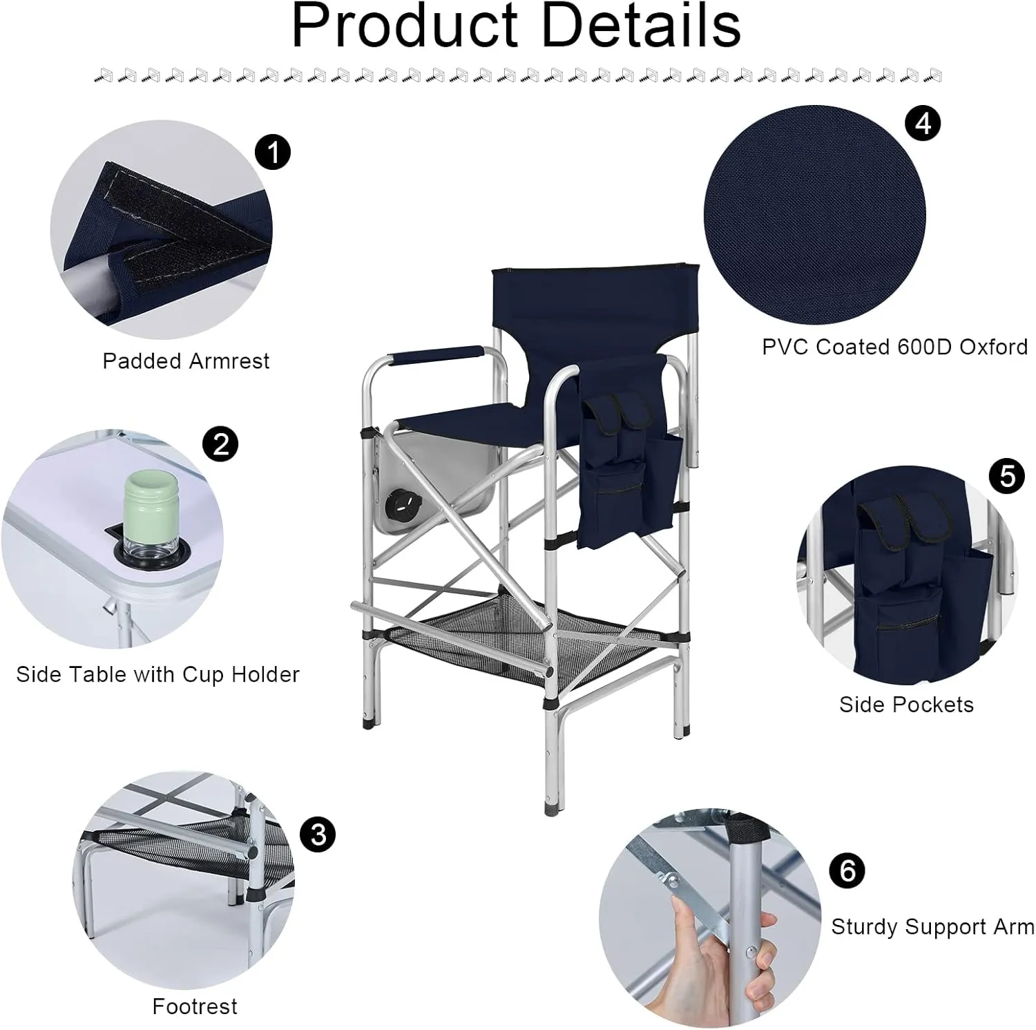 ABCCANOPY Folding Tall Directors Chair Outdoor Camping Chair Makeup Artist Chair with Side Table & Pockets, Navy Blue