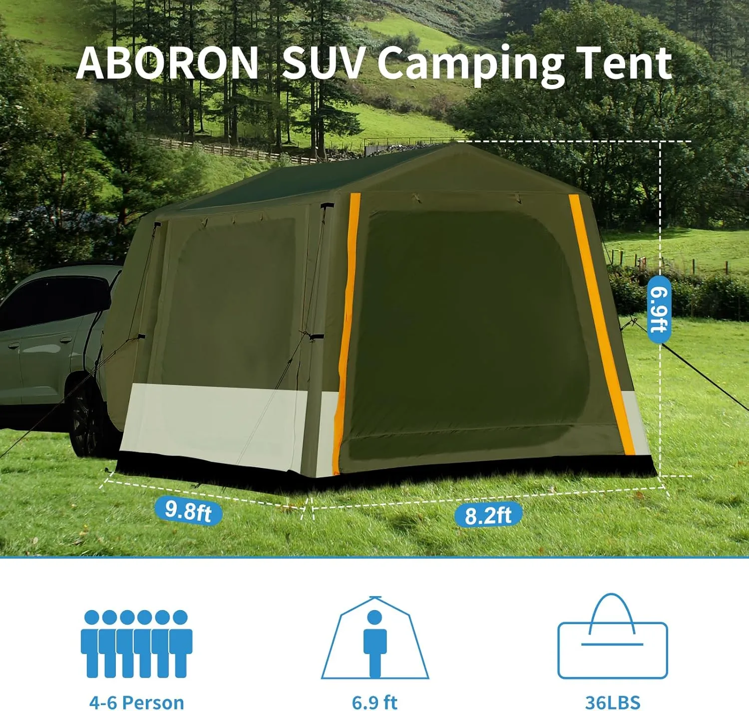ABORON 4/6/8 Person SUV Tent, Easy Setup & Spacious SUV Tailgate Tent with Large Mesh Windoors, Rainfly & Awning, Perfect for Family & Group Outdoor Adventures