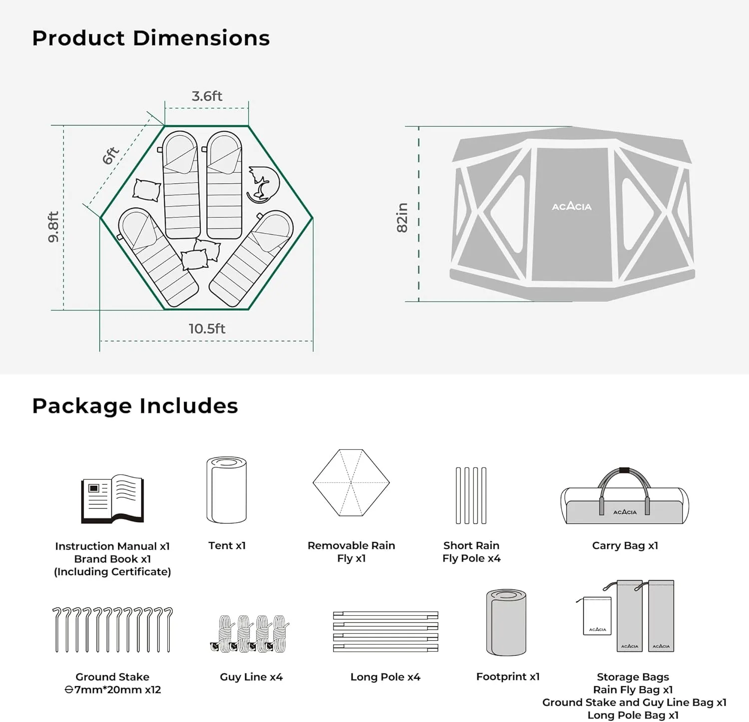 ACACIA Camping Tent, Pop Up Camping Tent with 8 Windows and Footprint, Waterproof Windproof Easy Setup Hub Tent for Family Camping, Hiking and Glamping