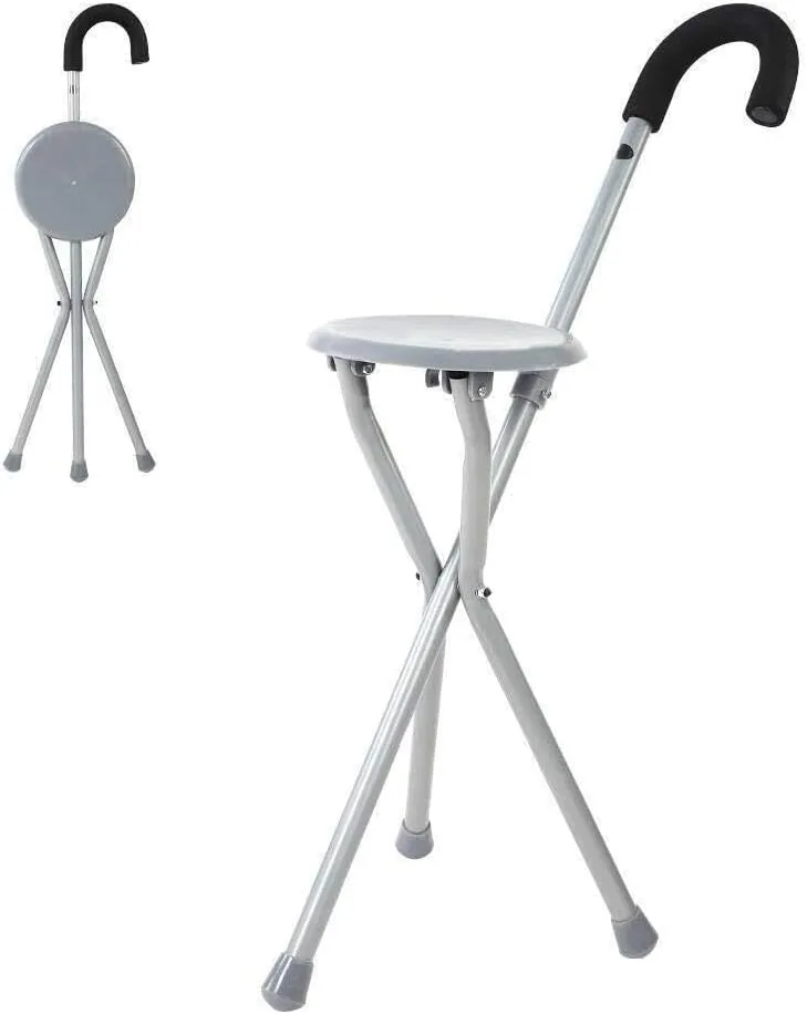 Adjustable Portable Folding Walking Stick Chair Seat Stool Iron Pipe Cane Stool Cane Chair Stool Trekking Pole for Travel Crutches