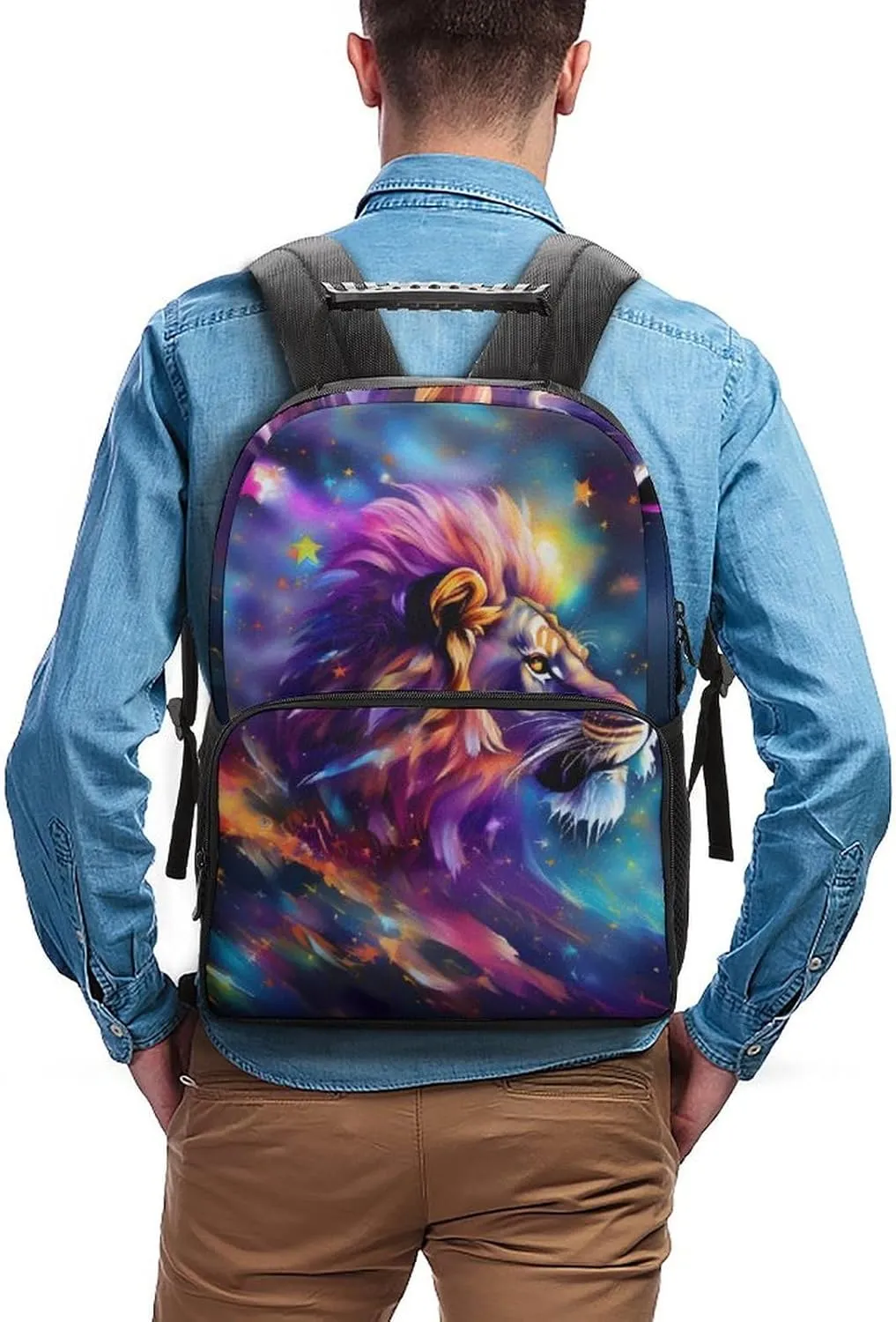 Adults Lightweight Colorful Lion Stars Universe Surreal Style Art Rucksacks Large Capacity Bookbag With Adjustable Shoulder Straps for Trekking Outdoors Bicycle