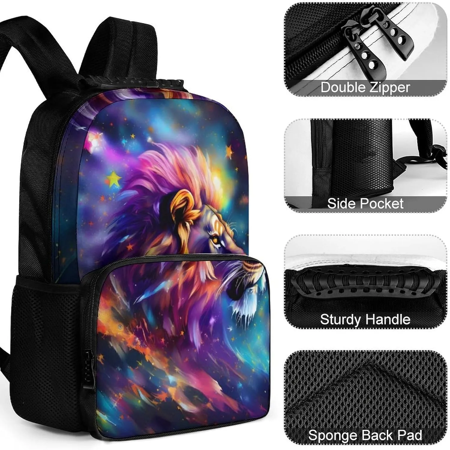 Adults Lightweight Colorful Lion Stars Universe Surreal Style Art Rucksacks Large Capacity Bookbag With Adjustable Shoulder Straps for Trekking Outdoors Bicycle