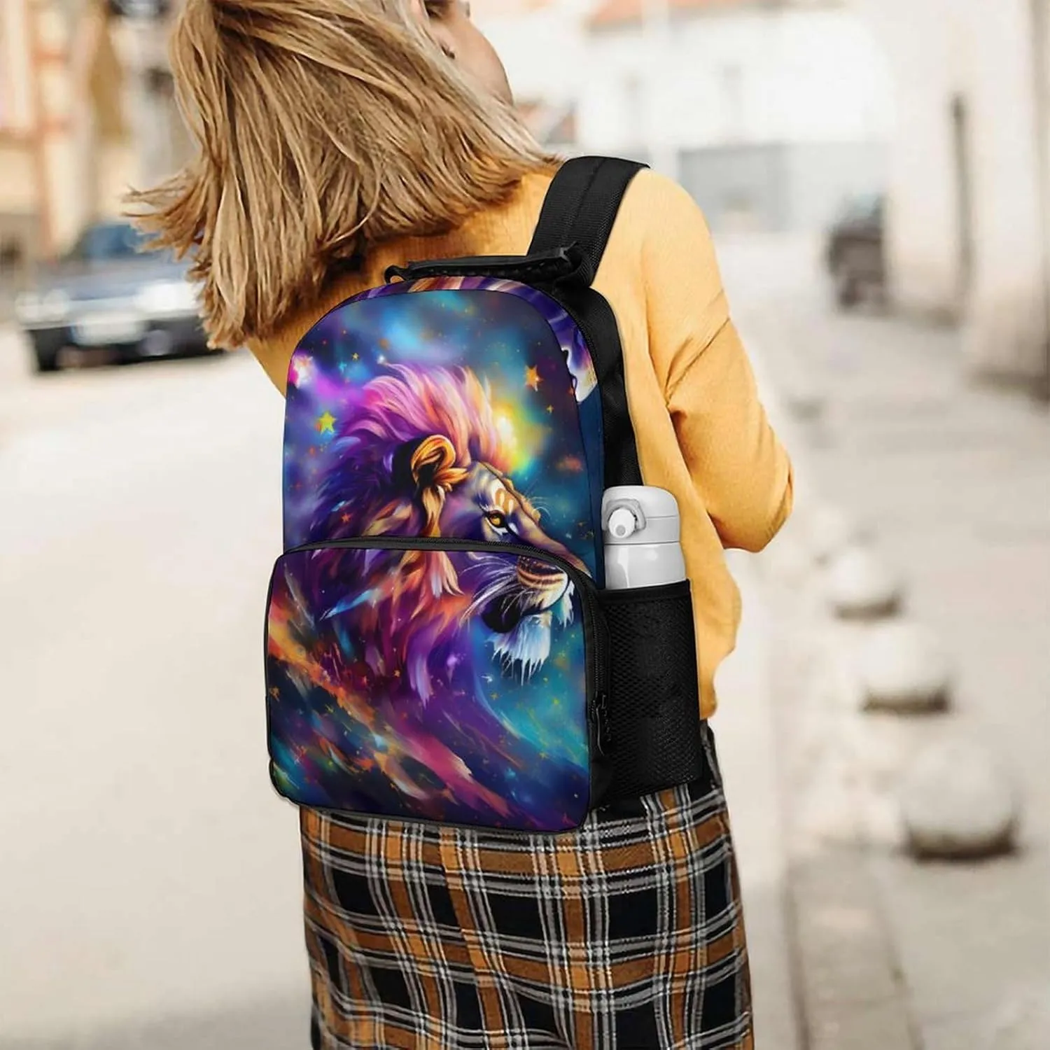 Adults Lightweight Colorful Lion Stars Universe Surreal Style Art Rucksacks Large Capacity Bookbag With Adjustable Shoulder Straps for Trekking Outdoors Bicycle