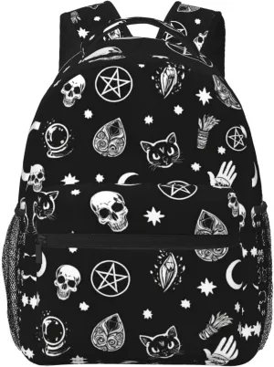Adults Lightweight Skull Cat Moon Gothic Pattern Black Art Rucksacks Large Capacity Bookbag With Adjustable Shoulder Straps for Trekking Outdoors Bicycle
