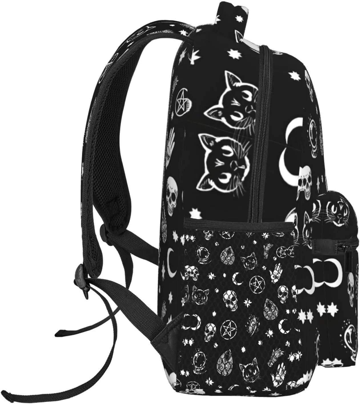 Adults Lightweight Skull Cat Moon Gothic Pattern Black Art Rucksacks Large Capacity Bookbag With Adjustable Shoulder Straps for Trekking Outdoors Bicycle