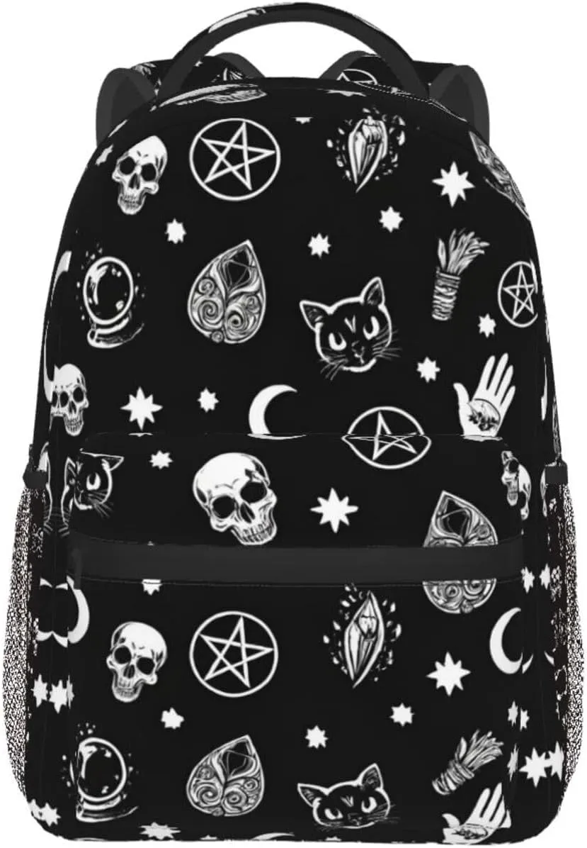 Adults Lightweight Skull Cat Moon Gothic Pattern Black Art Rucksacks Large Capacity Bookbag With Adjustable Shoulder Straps for Trekking Outdoors Bicycle