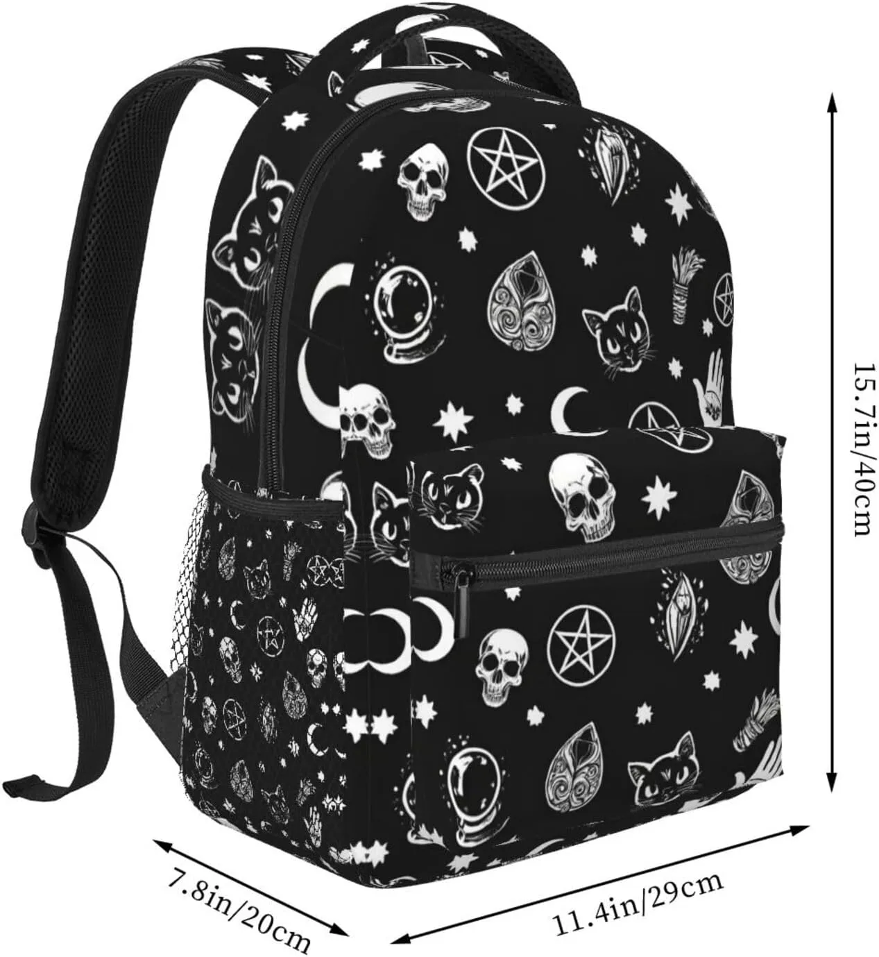 Adults Lightweight Skull Cat Moon Gothic Pattern Black Art Rucksacks Large Capacity Bookbag With Adjustable Shoulder Straps for Trekking Outdoors Bicycle