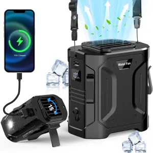 AI Portable Waist Fan 10000mAh Clip on Wearable Belt Shirt Body Fan Hand-Free Rechargeable Battery Operated with 5 Speed & Flashlight Cooling Neck Fan for Outdoor Camping Travel Power Bank Green