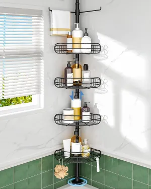 ALLZONE Corner Shower Caddy Tension Pole, 4-Tier Adjustable Shelves, Rustproof Bathroom Shower Organizer Corner for Inside Shower Storage, Tension Mounted, 56 to 113 Inch Height, Black