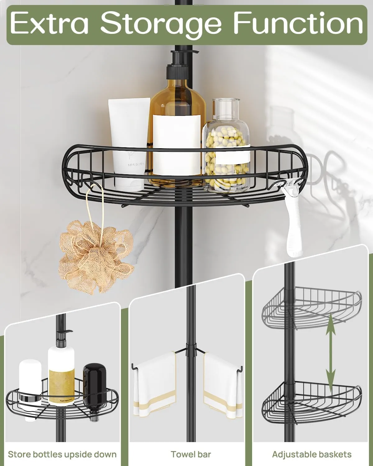 ALLZONE Corner Shower Caddy Tension Pole, 4-Tier Adjustable Shelves, Rustproof Bathroom Shower Organizer Corner for Inside Shower Storage, Tension Mounted, 56 to 113 Inch Height, Black