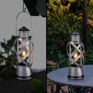 Alpine Corporation 15" H Indoor/Outdoor Vintage Metal Lantern with LED Lights, Silver