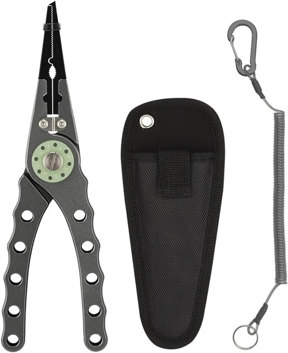 Aluminum Fishing Pliers , Fishing Tackle Kit,7.8'' Hook Remover，Corrosion Resistant Saltwater Fishing Multitool Hook Remover Braided Fishing Line Cutting and Split Ring with Coiled Lanyard and Sheath.