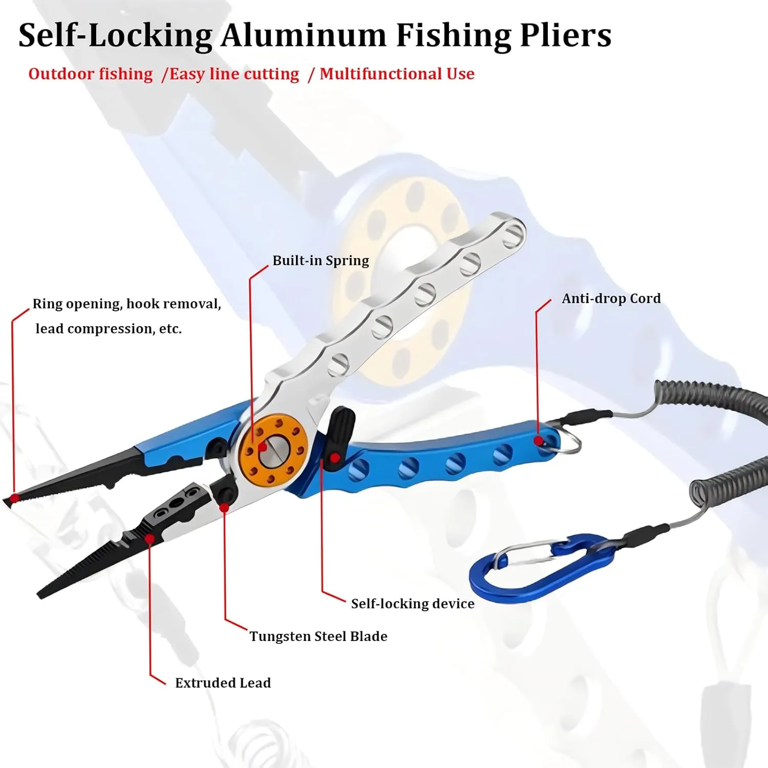Aluminum Fishing Pliers Saltwater, Fishing Multitool Hook Remover Split Ring Pliers Tools with Sheath and Lanyard Gear for Braided Fishing Line Cutter, Tungsten-Carbide Side Cutters