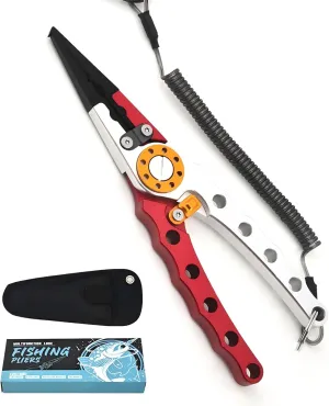 Aluminum Fishing Pliers Saltwater, Fishing Multitool Hook Remover Split Ring Pliers Tools with Sheath and Lanyard Gear for Braided Fishing Line Cutter, Tungsten-Carbide Side Cutters