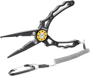 Aluminum Multitool Fishing Pliers with Hook Remover Lead Pressing Thread Cutting Split Ring and Lanyard (Black)
