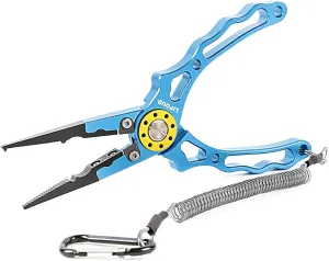 Aluminum Multitool Fishing Pliers with Hook Remover Lead Pressing Thread Cutting Split Ring and Lanyard (Blue)