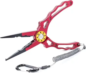 Aluminum Multitool Fishing Pliers with Hook Remover Lead Pressing Thread Cutting Split Ring and Lanyard (Red)