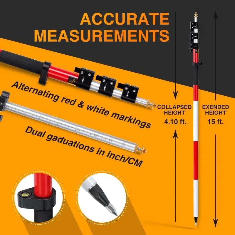 Aluminum Prism Pole with Quick Release Clamp (17FT/5.2m)， Telescopic 17FT/5.2m Pole with Adjustable Adapter Dual Inch & Metric Scale –Lightweight Pole for Prisms, Land Surveying and GNSS