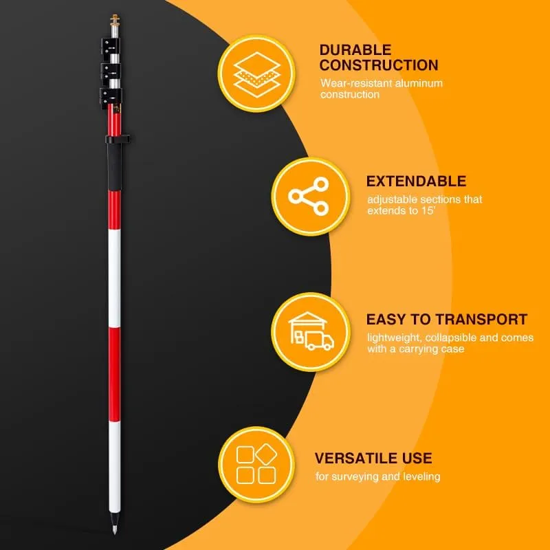Aluminum Prism Pole with Quick Release Clamp (17FT/5.2m)， Telescopic 17FT/5.2m Pole with Adjustable Adapter Dual Inch & Metric Scale –Lightweight Pole for Prisms, Land Surveying and GNSS