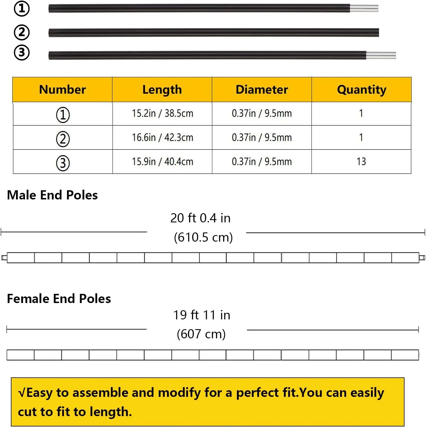 Aluminum Tent Poles Replacement,Pre-Assembled Tent Poles,Fits Both Female and Male Ends,7001 T6 Lightweight Tent Rod Repair Kit for Camping Hiking Backpacking Tent (20ft 0.4in)