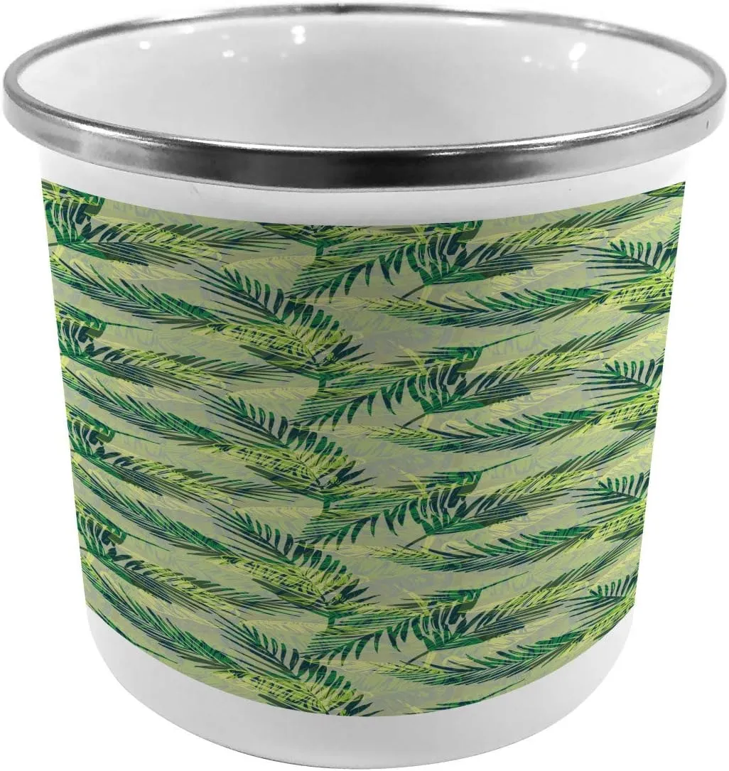Ambesonne Palm Leaf Steel Camping Mug, Jungle Rainforest Pattern Hand Drawn Green Foliage, Printed Thermal Cup for Camping and Outdoor Activities, 11 OZ, Green Apple Green