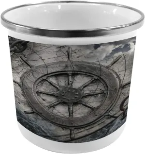 Ambesonne Ships Wheel Steel Camping Mug, Retro Navigation Equipment Illustration with Steering Wheel Charts Anchor Chains, Printed Thermal Cup for Camping and Outdoor Activities, Charcoal