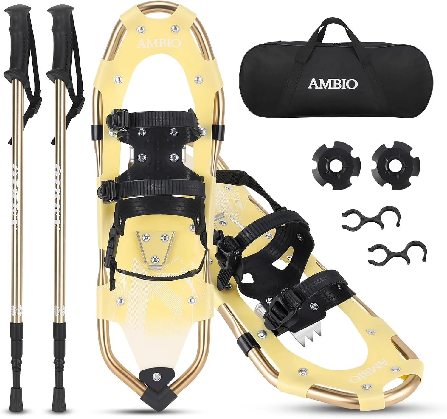 AMBIO Snowshoes for Men Women Youth Kids, Lightweight Aluminum Snow Shoes with Trekking Poles and Carrying Tote Bag (Yellow, 21 Inch)