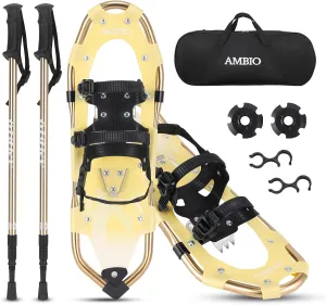 AMBIO Snowshoes for Men Women Youth Kids, Lightweight Aluminum Snow Shoes with Trekking Poles and Carrying Tote Bag (Yellow, 21 Inch)