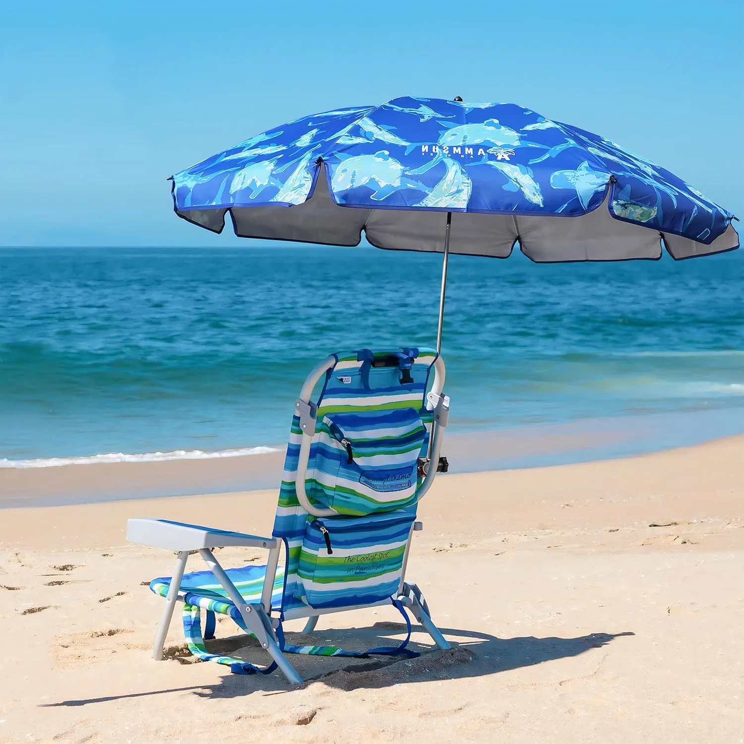 AMMSUN XL Chair Umbrella with Universal Clamp Adjustable 52 inches and 360-degree Swivel UPF 50 , Portable Clamp on Camping or Beach Chair, Stroller, Wheelchair, Golf cart, Sharks, Large-sized