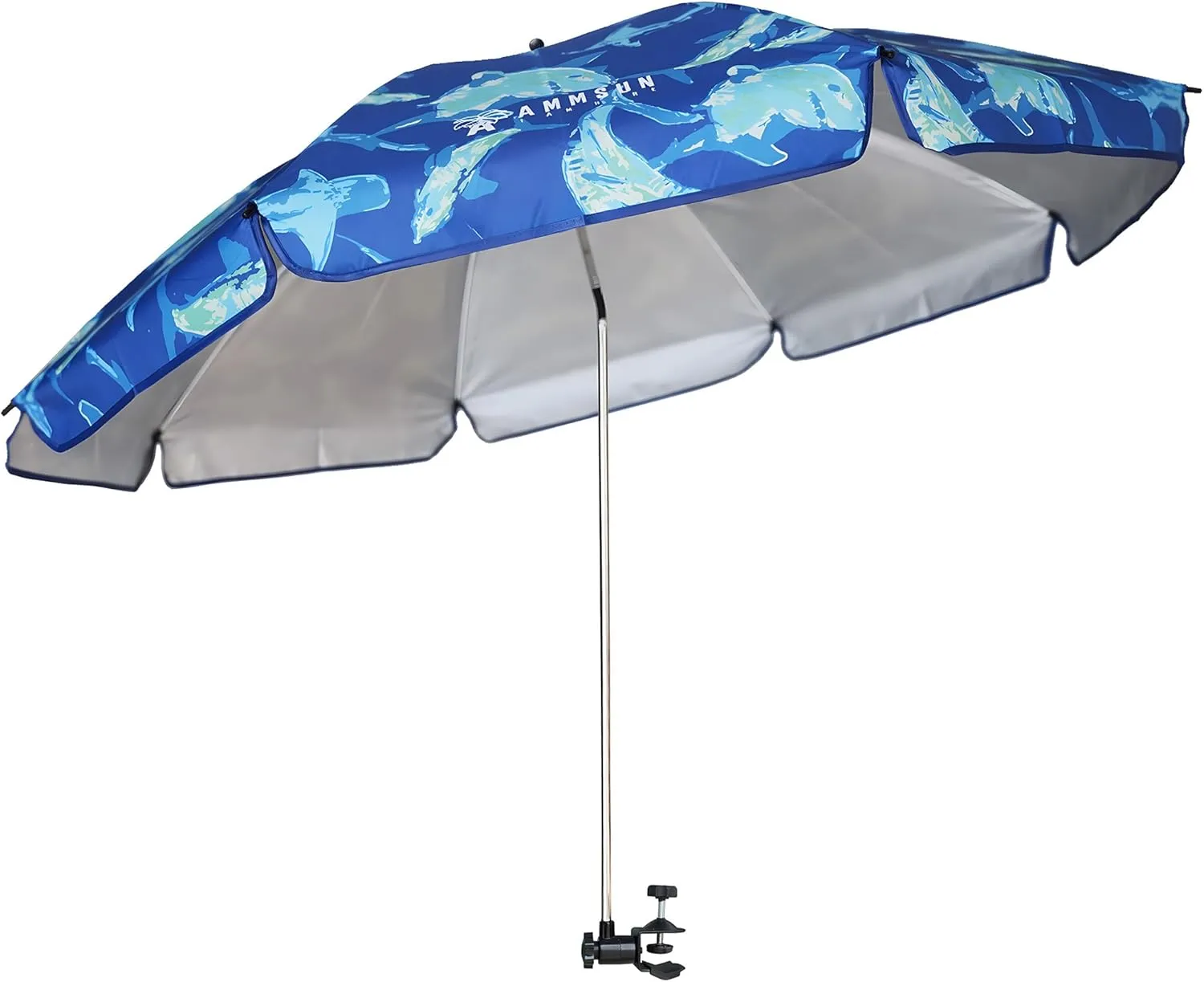 AMMSUN XL Chair Umbrella with Universal Clamp Adjustable 52 inches and 360-degree Swivel UPF 50 , Portable Clamp on Camping or Beach Chair, Stroller, Wheelchair, Golf cart, Sharks, Large-sized