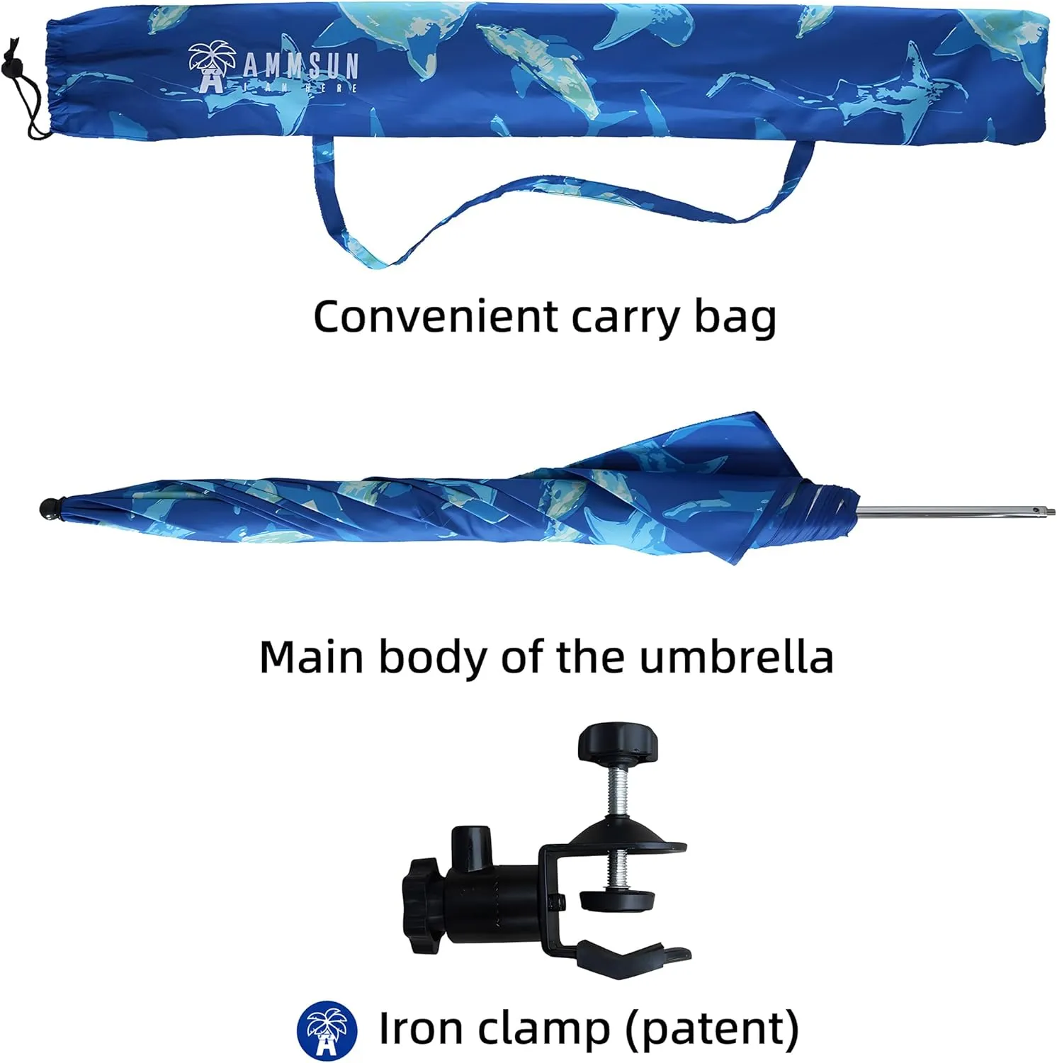 AMMSUN XL Chair Umbrella with Universal Clamp Adjustable 52 inches and 360-degree Swivel UPF 50 , Portable Clamp on Camping or Beach Chair, Stroller, Wheelchair, Golf cart, Sharks, Large-sized
