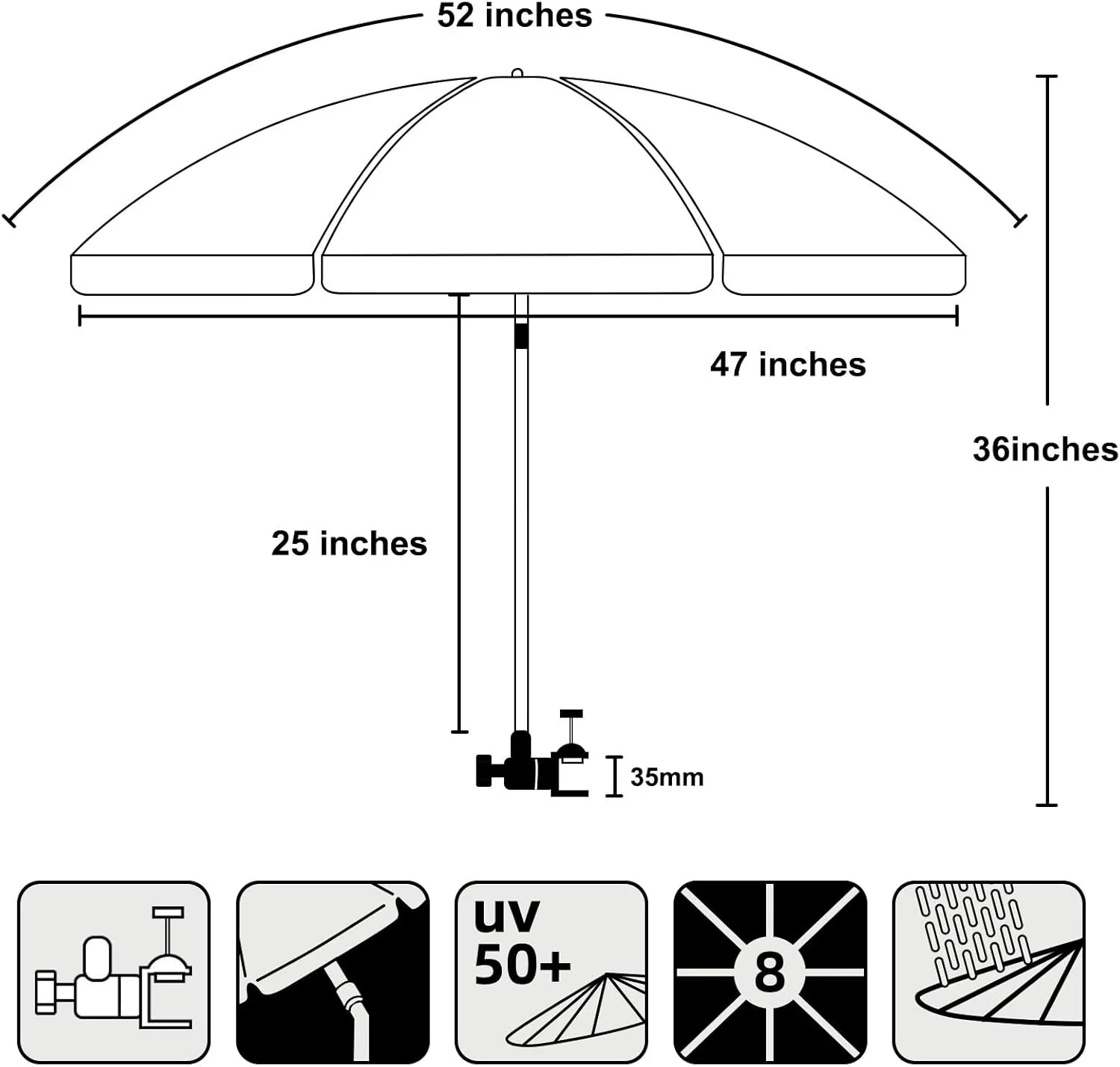 AMMSUN XL Chair Umbrella with Universal Clamp Adjustable 52 inches and 360-degree Swivel UPF 50 , Portable Clamp on Camping or Beach Chair, Stroller, Wheelchair, Golf cart, Sharks, Large-sized