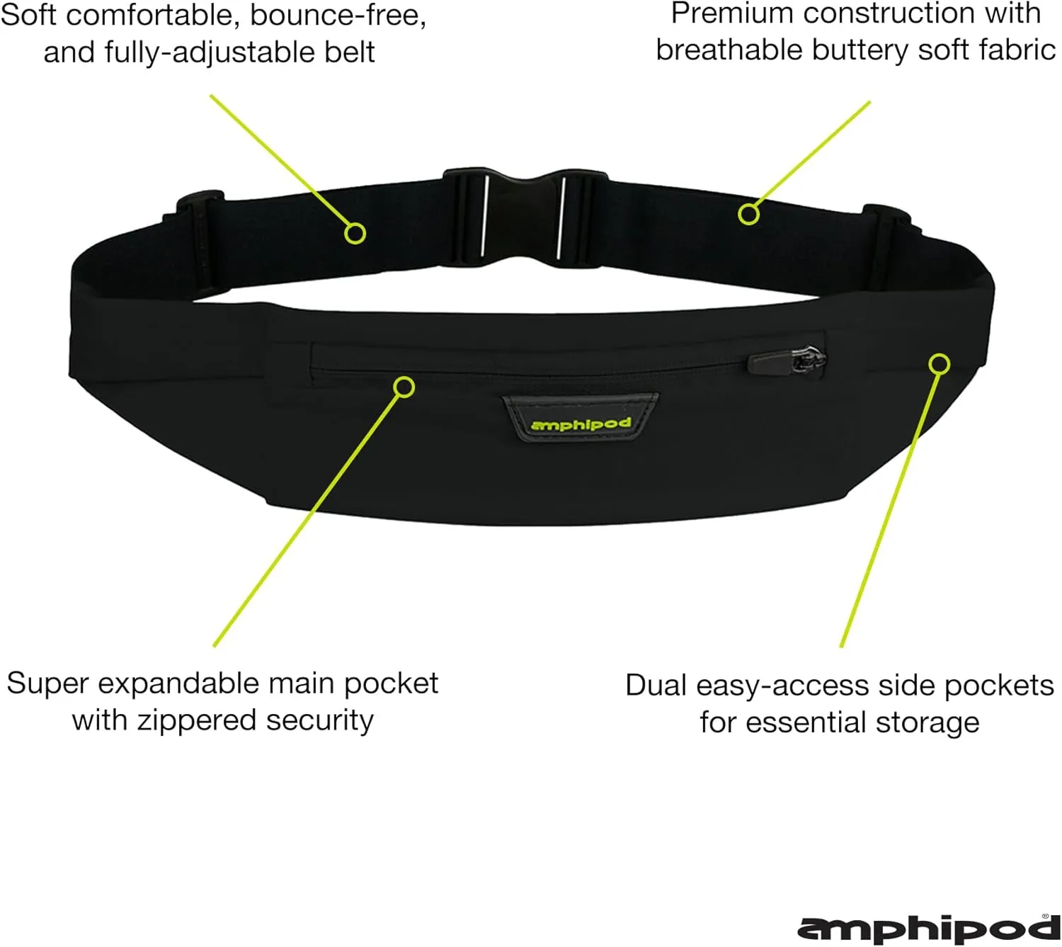 Amphipod MicroStretch Opti-Luxe Belt, Ultra-Light Minimalist Runners Waist Pack for Walking, Hiking & Running, Men & Women - Amp Green - OS - Black - XL
