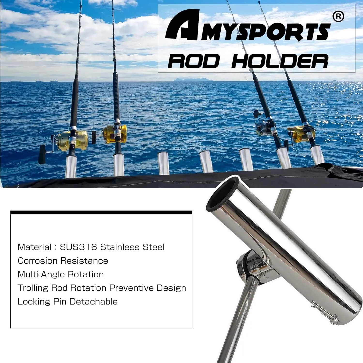 AMYSPORTS Stainless Clamp Rod Holder Steel Mount Fishing Pole Holder Adjustable Kayak Rail Rods Holders Boat for Kayak Fishing 4pcs
