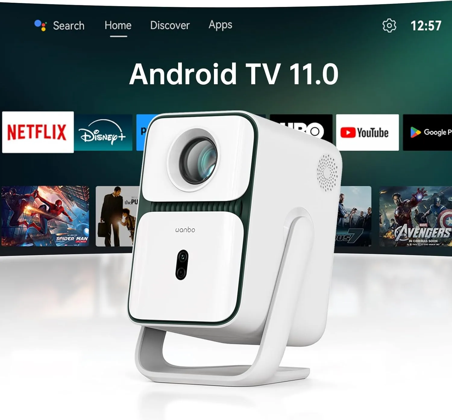 [Android TV 11.0 & Native 1080P] Smart Projector with WiFi and Bluetooth, 120° Adjustable Stand, Auto Focus & Keystone, 500 ANSI Outdoor Movie Proyector, Wanbo T2 Ultra Projector with Netflix Apps