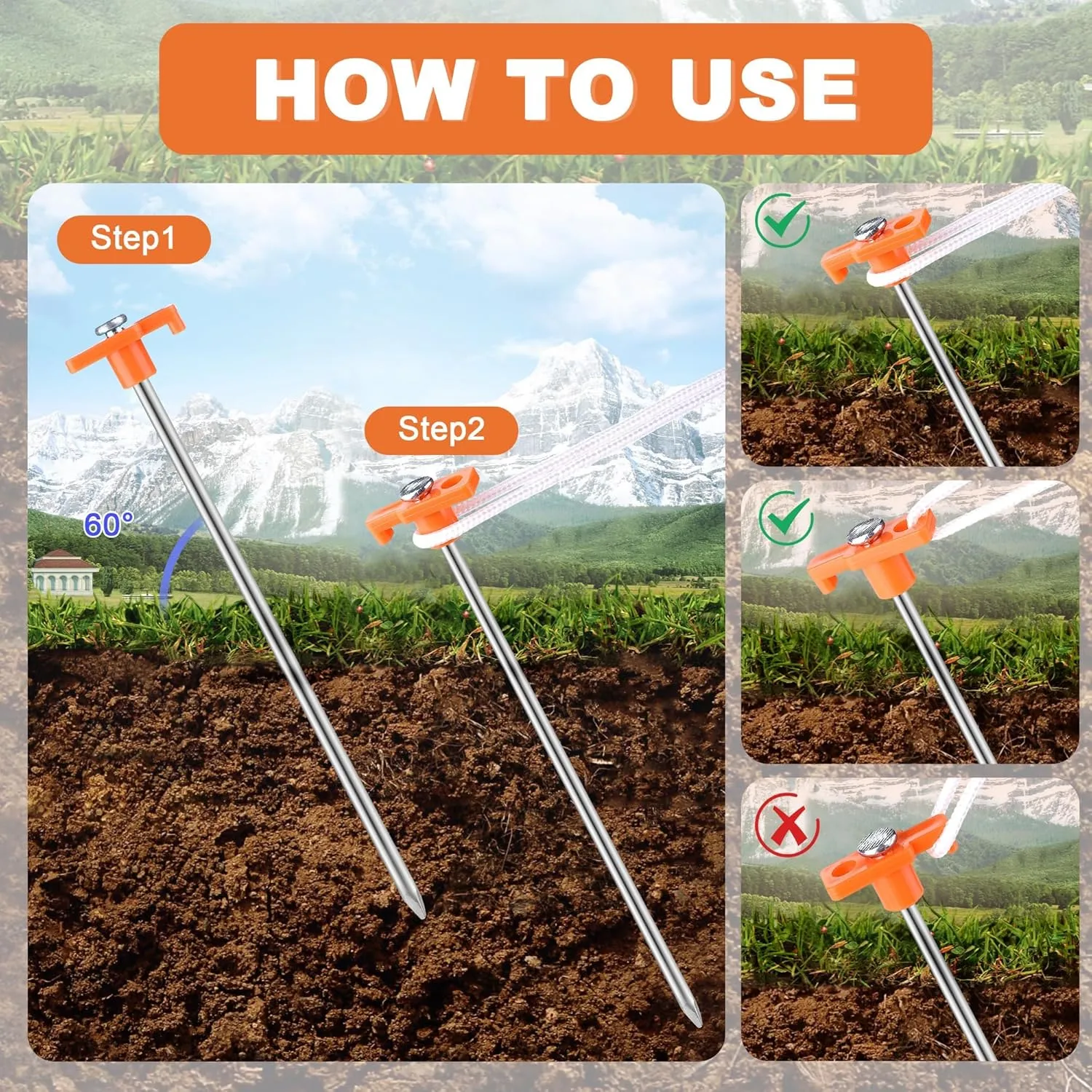 Aodaer 24 Pack Tent Stakes Heavy Duty Tent Pegs 10.25 Inch Non-Rust Metal Yard Stakes with 4x10ft Ropes and Storage Bag Inflatable Stakes for Gardening & Canopies, Camping Halloween Christmas, Orange