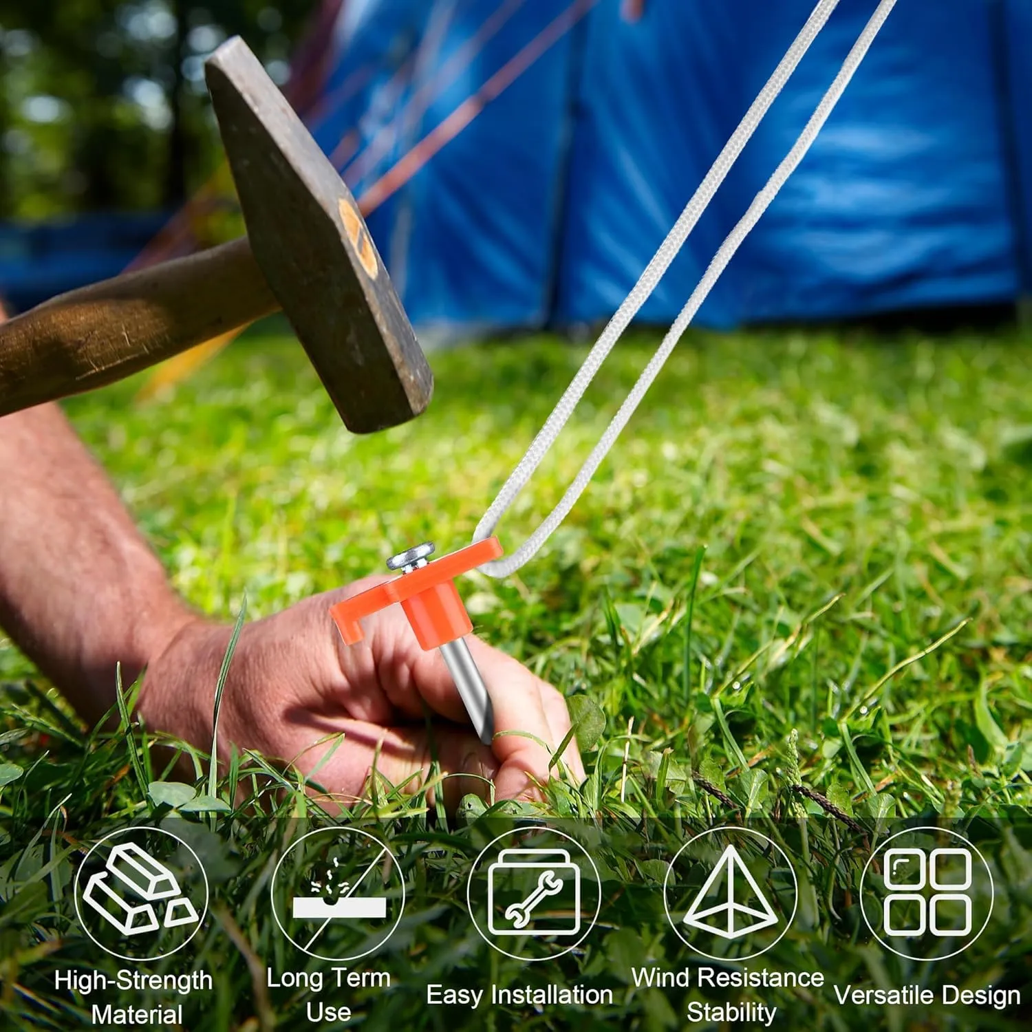 Aodaer 24 Pack Tent Stakes Heavy Duty Tent Pegs 10.25 Inch Non-Rust Metal Yard Stakes with 4x10ft Ropes and Storage Bag Inflatable Stakes for Gardening & Canopies, Camping Halloween Christmas, Orange