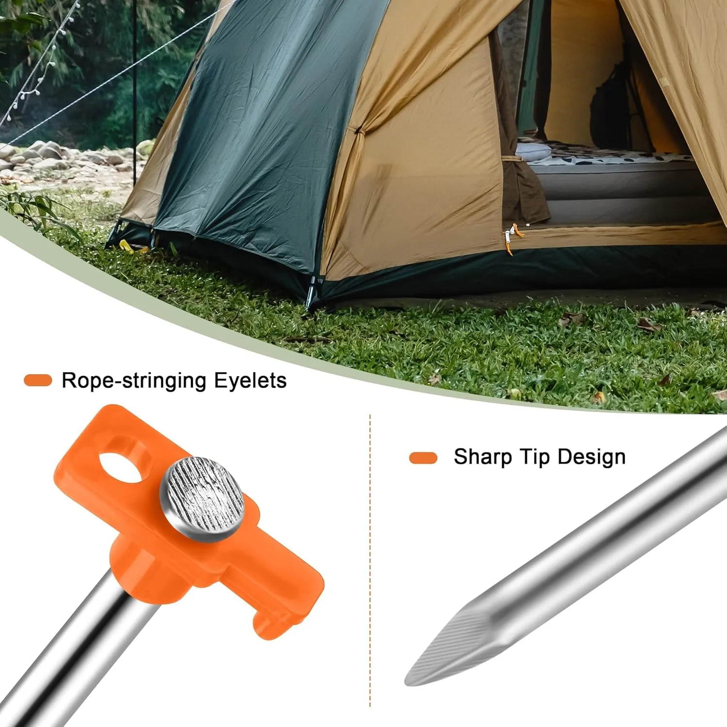 Aodaer 24 Pack Tent Stakes Heavy Duty Tent Pegs 10.25 Inch Non-Rust Metal Yard Stakes with 4x10ft Ropes and Storage Bag Inflatable Stakes for Gardening & Canopies, Camping Halloween Christmas, Orange