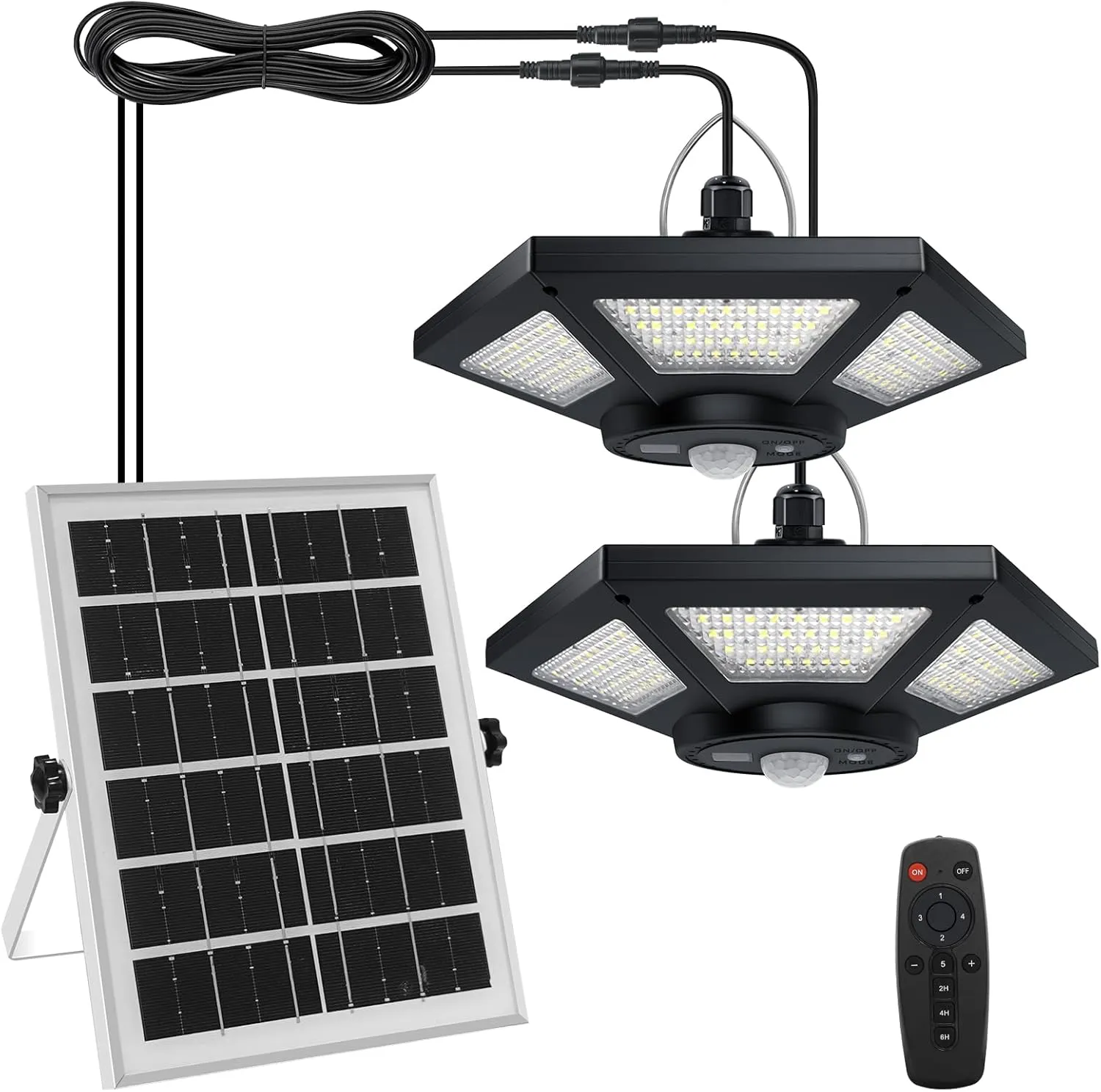 Aqonsie Solar Shed Light Indoor Outdoor, 180LED Dual Head Solar Powered Pendant Daytime Work Lights with 5 Lighting Modes & 3 Timers, Motion Sensor with Remote for Shed, Barn, Garage