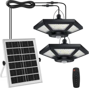 Aqonsie Solar Shed Light Indoor Outdoor, 180LED Dual Head Solar Powered Pendant Daytime Work Lights with 5 Lighting Modes & 3 Timers, Motion Sensor with Remote for Shed, Barn, Garage