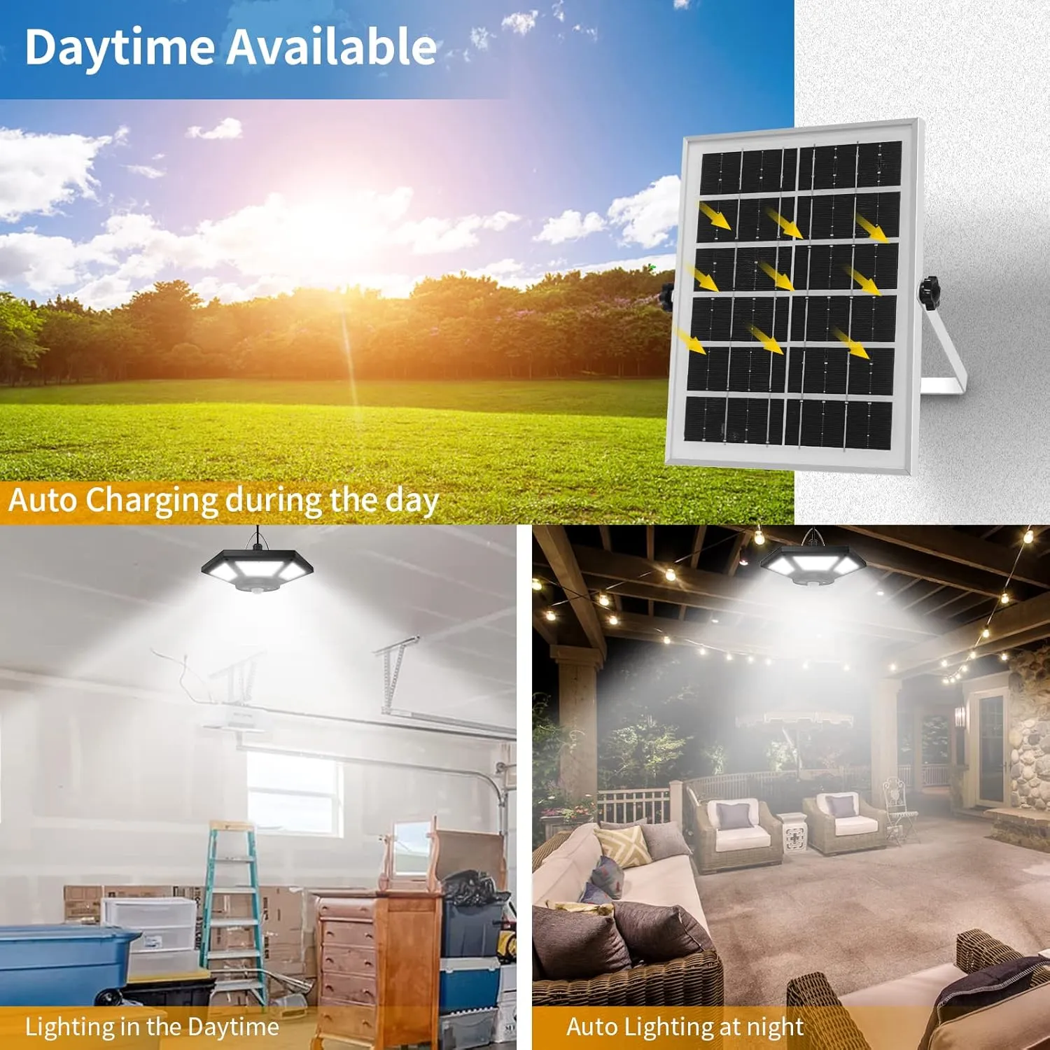 Aqonsie Solar Shed Light Indoor Outdoor, 180LED Dual Head Solar Powered Pendant Daytime Work Lights with 5 Lighting Modes & 3 Timers, Motion Sensor with Remote for Shed, Barn, Garage