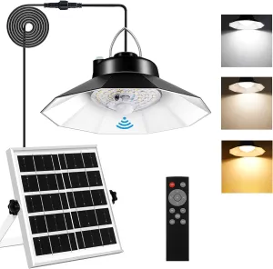 Aqonsie Solar Shed Light Indoor Outdoor Solar Pendant Daytime Work Lights with 3 Colors Temperature & 5 Lighting Modes 2 Timers, 1200LM Solar Motion Indoor Lights with Remote for Shed Gazebo Barn