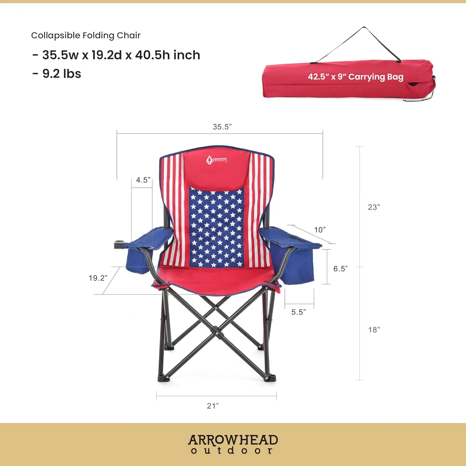 ARROWHEAD OUTDOOR Portable Folding Camping Quad Chair w/ 6-Can Cooler, Cup & Wine Glass Holders, Heavy-Duty Carrying Bag, Padded Armrests, Headrest & Seat, Supports up to 550lbs, USA-Based Support
