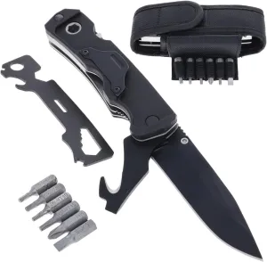 ASR Outdoor 9 in 1 Multitool Pocket Knife with G10 Handle Bottle Opener Glass Breaker Screwdriver Bit Set, 8.25 Inch Black