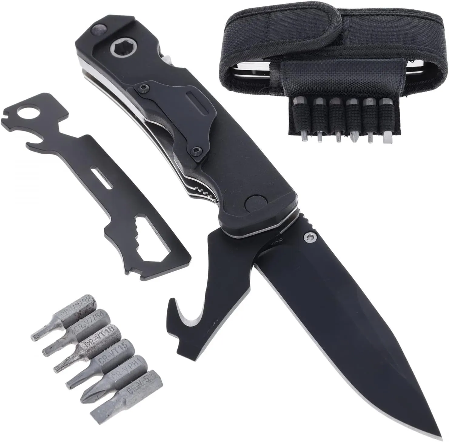 ASR Outdoor 9 in 1 Multitool Pocket Knife with G10 Handle Bottle Opener Glass Breaker Screwdriver Bit Set, 8.25 Inch Black