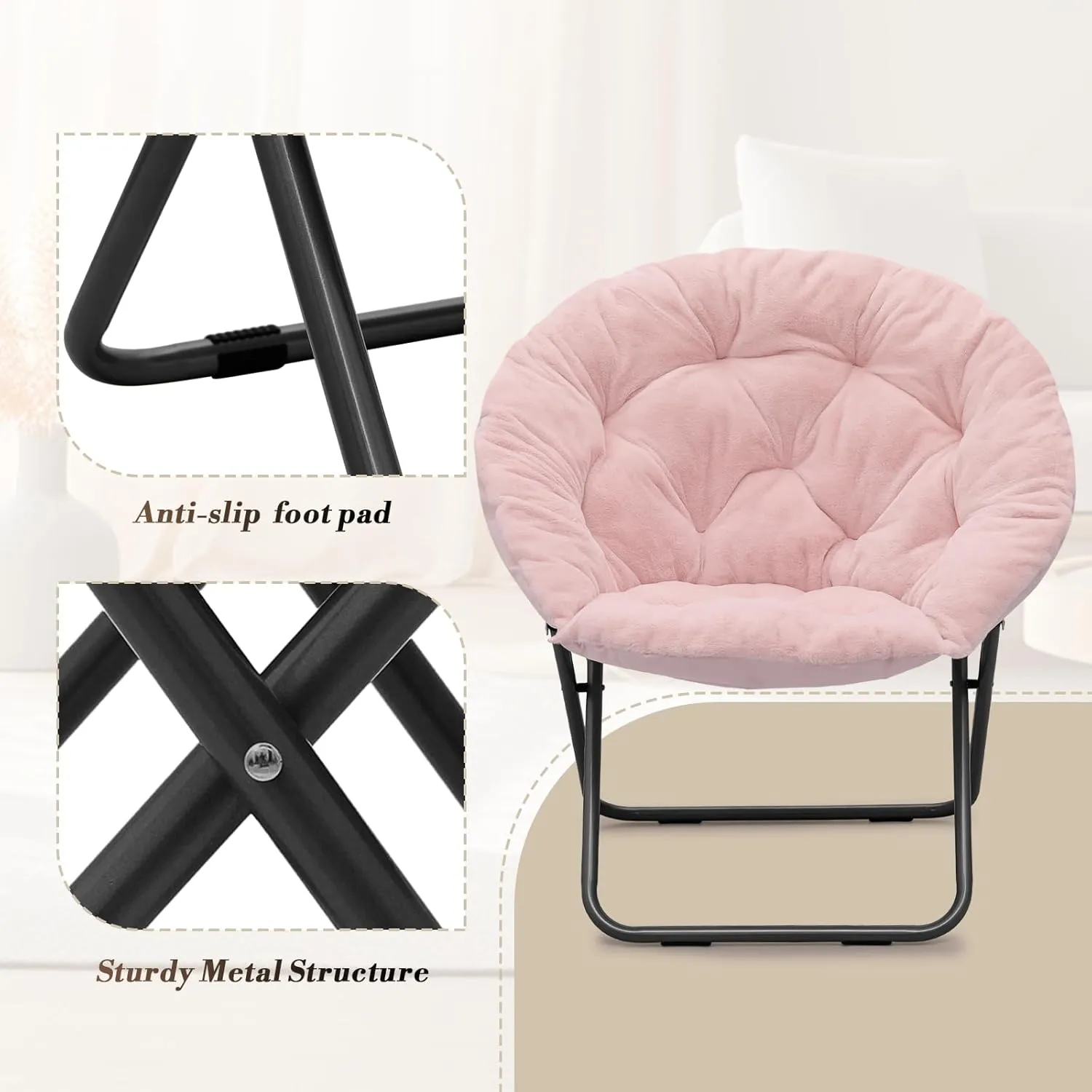 Athena Collection Comfy Saucer Chair, Folding Round Cozy for Bedroom Living Room, Faux Fur Reading, Foldable Metal Frame Oversized Padded Lazy Moon for Adult, Pink