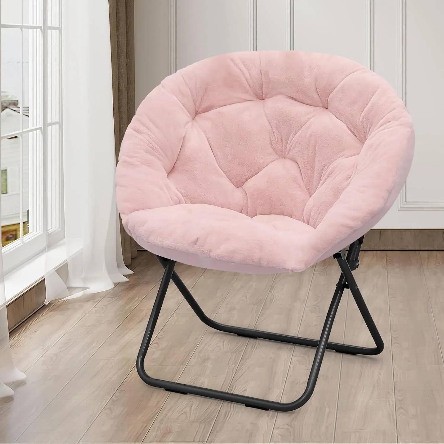 Athena Collection Comfy Saucer Chair, Folding Round Cozy for Bedroom Living Room, Faux Fur Reading, Foldable Metal Frame Oversized Padded Lazy Moon for Adult, Pink