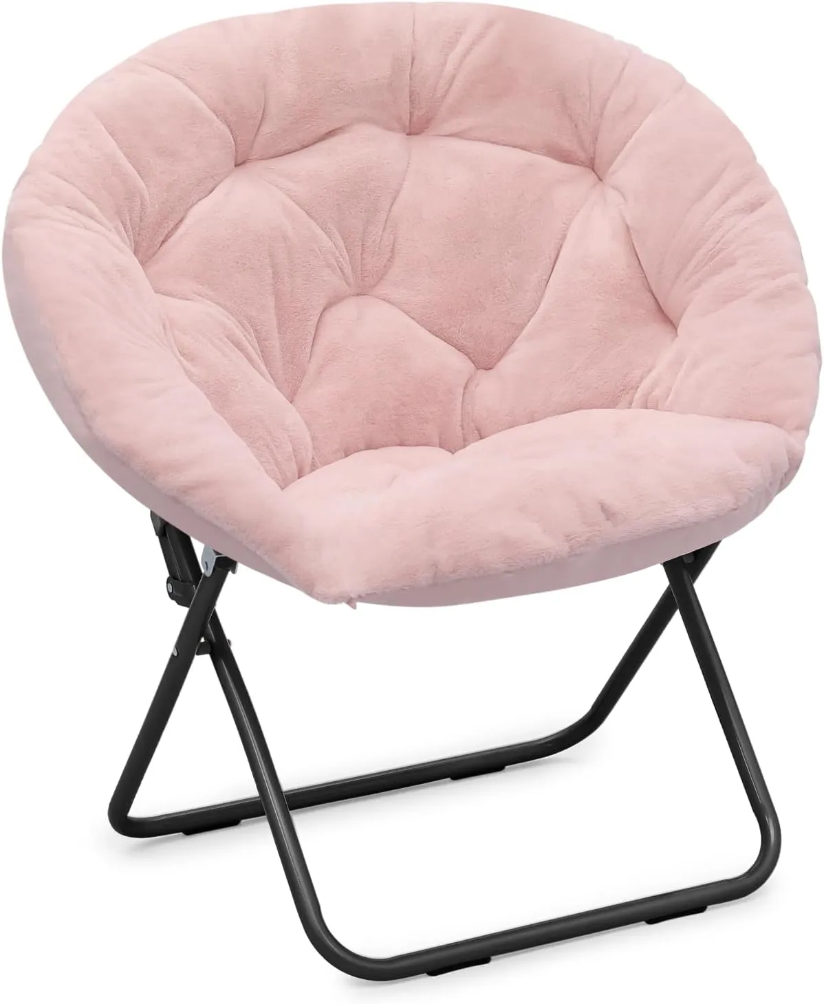 Athena Collection Comfy Saucer Chair, Folding Round Cozy for Bedroom Living Room, Faux Fur Reading, Foldable Metal Frame Oversized Padded Lazy Moon for Adult, Pink